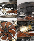 Close-up of Dope Industrial Cage Ceiling Fan With Light Remote Control 20 Inch Low Profile Flush Mount Farmhouse Style Black Iron Cage with E26 bulb sockets