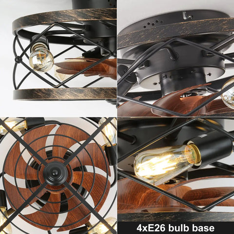 Close-up of Dope Industrial Cage Ceiling Fan With Light Remote Control 20 Inch Low Profile Flush Mount Farmhouse Style Black Iron Cage with E26 bulb sockets