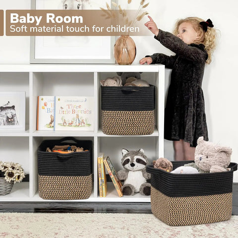 Slick Cotton Rope Storage Basket For Shelves 13X10X9 Inches Solid Woven Cube Bin No Sweat Shelf Organizer Soft Yet Sturdy Black Decorative Basket Real Deal Home Solution