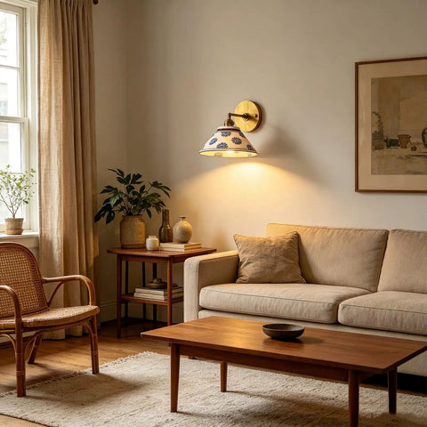 MECOLA Vintage Ceramic Shade Wall Sconce Adjustable Angle Wall Mount Light illuminating a living room with beige sofa.