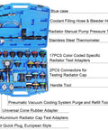 Real Deal Heavy Duty 28 Piece Radiator Pressure Tester And Pneumatic Vacuum Coolant Refill Kit For Domestic And Import Vehicles With Universal Cone Adapter Set in blue case containing various tools and adapters.