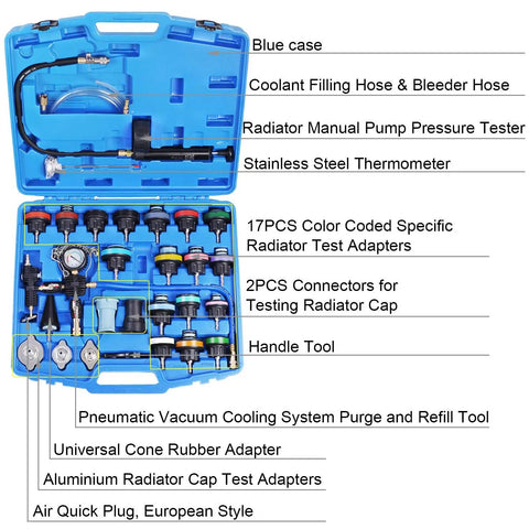 Real Deal Heavy Duty 28 Piece Radiator Pressure Tester And Pneumatic Vacuum Coolant Refill Kit For Domestic And Import Vehicles With Universal Cone Adapter Set in blue case containing various tools and adapters.