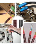 Six Rolls Braided Cable Sleeves Kit With 127 Heat Shrink Tubes, Five Meters Each in AV setup and cable close-ups.