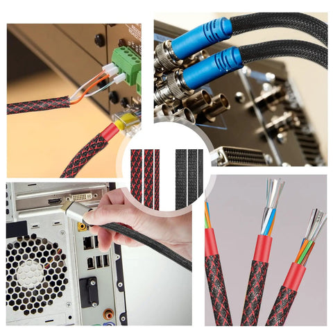 Six Rolls Braided Cable Sleeves Kit With 127 Heat Shrink Tubes, Five Meters Each in AV setup and cable close-ups.