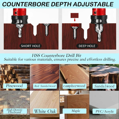 Heavy Duty Eight Piece Countersink Drill Bit Set Featuring Adjustable Depth Stops And No Sweat Quick Swap Hex Shank For Wood Metal Plywood MDF Plastic Comes With Tough Carry Case, showing depth settings on wood surfaces.