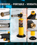 Product details of Beefy Propane Torch Kit with 4 flame head, adjustable knob, and propane cylinder holder included.