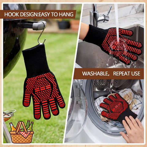 Heat-resistant gloves from Six-Piece Bristle-Free Grill Cleaning Kit being washed and hung outdoors.