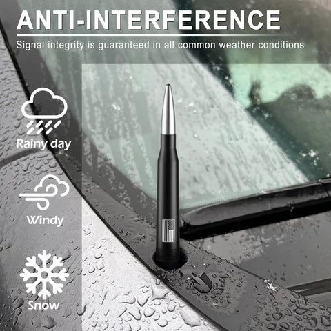 Silver Patriot Flag Gear and American Flag Bullet Antenna With 4 Valve Stem Caps For Trucks And SUVs in rainy conditions on a vehicle hood.