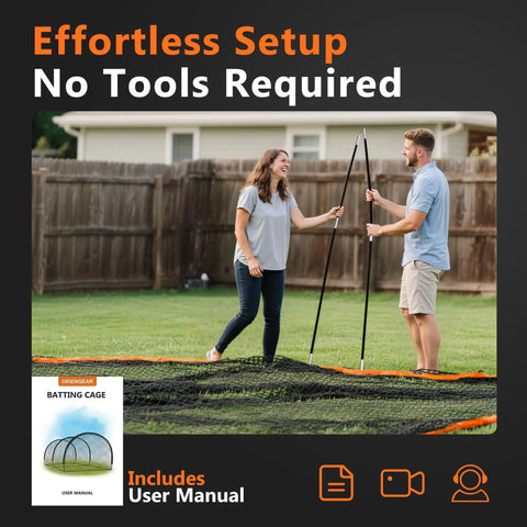 Couple assembling 30 Ft Backyard Batting Cage With Frame And Net Heavy Duty Baseball Training Netting for Hitting, Pitching