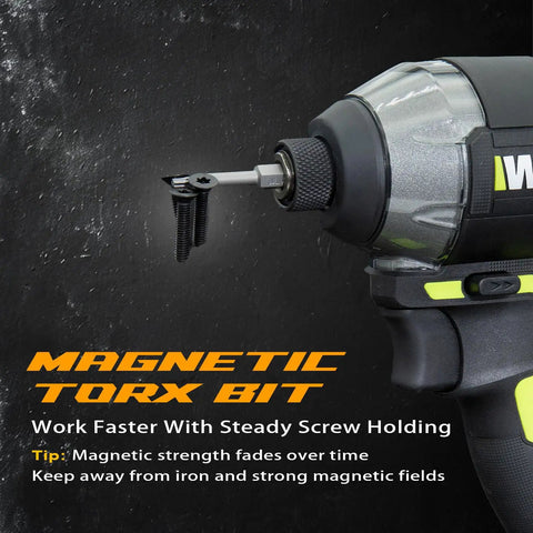 2 Inch Magnetic T30 Torx Bits Set attached to impact driver, highlighted text 'Magnetic Torx Bit'