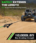 Daydoor 14 Inch X 50 Feet Green Synthetic Winch Rope Extension For Light Duty Atv And Utv Recovery With 10000 Lbs Load Rating shown in use on rugged terrain.