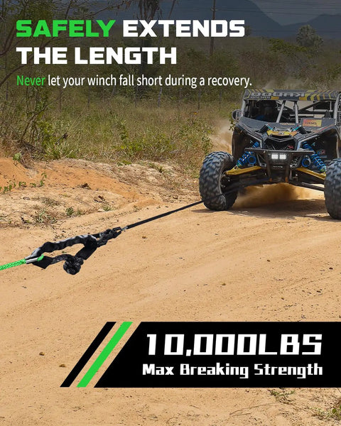 Daydoor 14 Inch X 50 Feet Green Synthetic Winch Rope Extension For Light Duty Atv And Utv Recovery With 10000 Lbs Load Rating shown in use on rugged terrain.