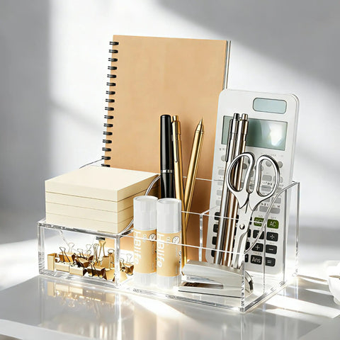 Acrylic Desk Organizer With Six Compartments, Pen And Pencil Holder, Clear Desktop Caddy With Notebooks, Scissors, Clips, and More