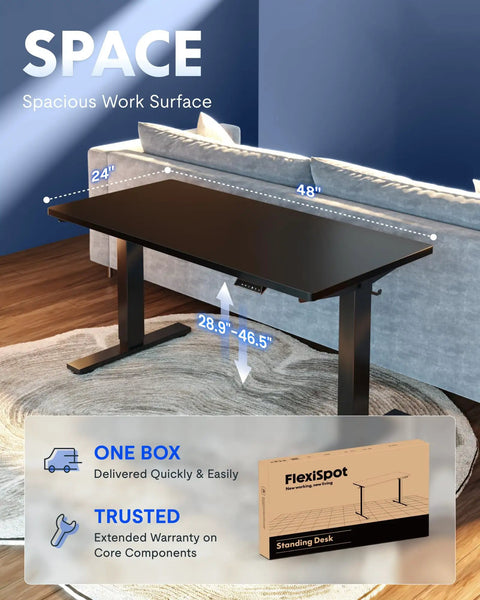One-Piece Electric Standing Desk With Four Memory Presets, 176 Lb Capacity, Ultra Quiet Lift, Black 48 by 24 Inch Top