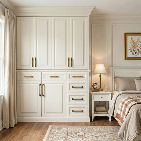 10 Pack Antique Brass Cabinet Pulls, 3 Inch Zinc Alloy Drawer Handles For Kitchen Cupboards installed on beige cabinets