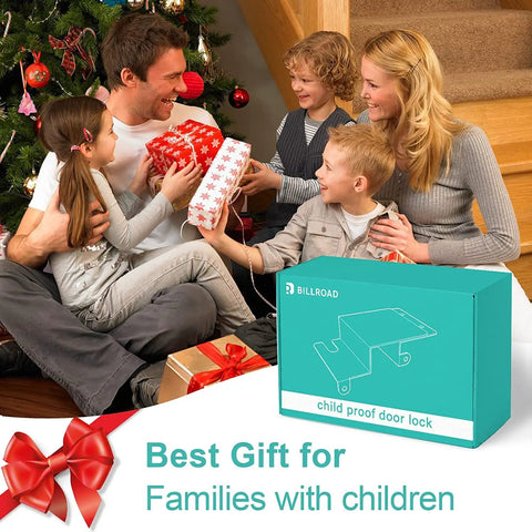 Family celebrating near Christmas tree with Top Door Lock For Kids Safety Adjustable Saddle Design box shown as gift idea