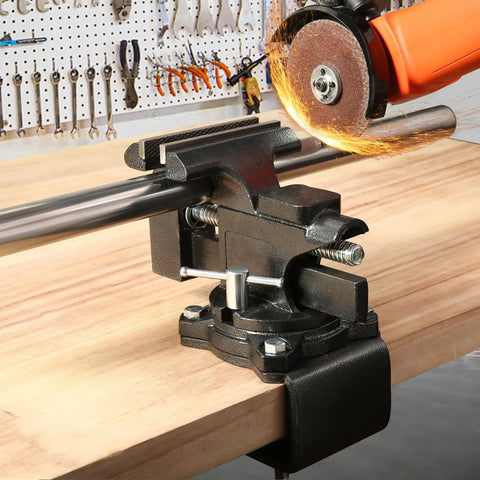 Beefy Heavy Duty Bench Vise Four And A Half Inch Table Vise With Two In One Soft Jaws And A 270 Degree Swivel Base For Woodworking Home Workshop Welding And DIY Projects Clamps To Table Or Attaches To Your Workbench, clamped to a wood workbench with pipe