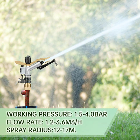 Two Pack One Inch Agricultural Irrigation Sprinkler With Spray Gun Heads Built For Heavy Duty Farm And Garden Tasks Featuring Wide Radius Coverage With water spray in action.