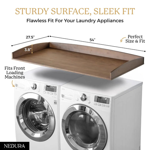 Washer And Dryer Countertop Topper With Anti Vibration Pads And Curved Edge Rails Must Have Space Saver Premium Bamboo Surface In Dark Walnut 54 Inch Wide Laundry Room Organizer Fits Most Front Load Washers And Dryers