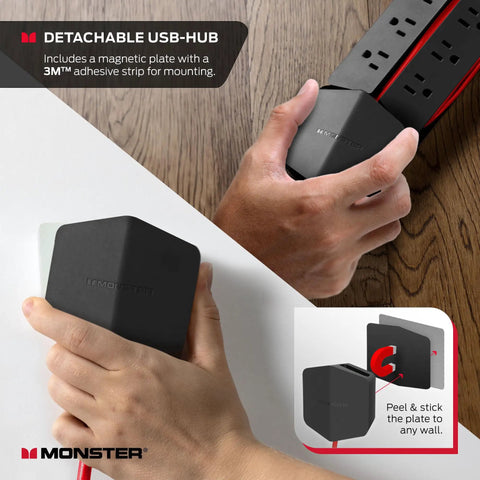 Person mounting Vertex Dope Surge Protector With Detachable USB Power Strip showcasing magnetic plate and detachable USB hub.