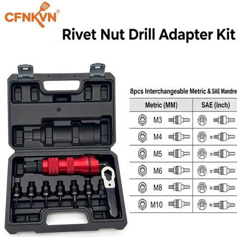 Rivet Nut Drill Adapter Kit Three Eighths Inch Power Setter for Drills in a hard case with interchangeable mandrels