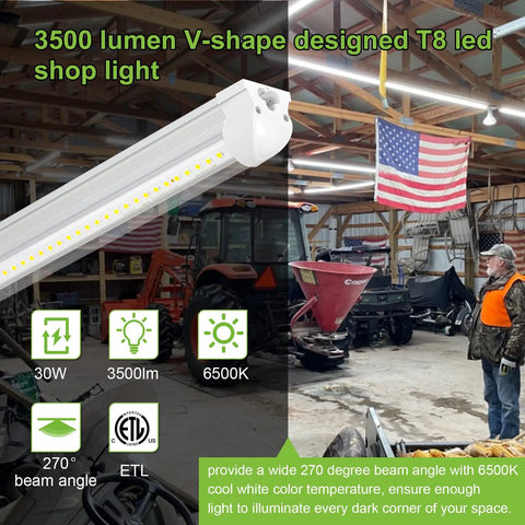 2 Ft LED Shop Light With 3500 Lumens And 6500K Super Bright White Linkable V Shape T8 Tube in workshop ceiling mount setup