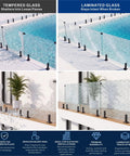 Top Tier Six Panel Laminated Glass Railing Kit For Decks with heavy duty stainless hardware beside pool, comparing tempered and laminated glass.