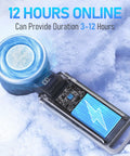Portable Handheld Turbo Fan With Ice Cooling Rechargeable Personal Fan resting on snowy surface showing battery life display