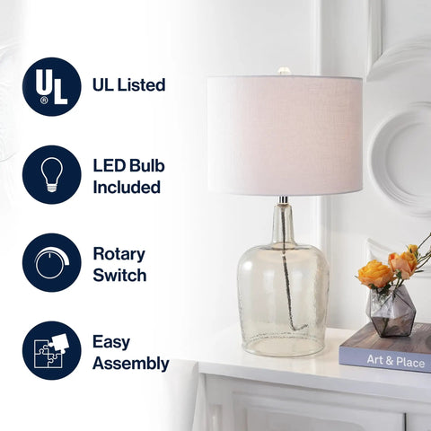 Smoked Gray Glass LED Table Lamp 26 Inches Dope Modern Look Bedside Nightstand Light with white shade and chrome accents