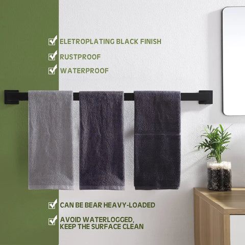 36 Inch Single Towel Bar Wall Mounted Matte Black Finish Made From SUS 304 Stainless Steel Durable Bathroom And Kitchen Towel Rack With Quick Install Brackets And Rustproof Corrosion Resistant Design with towels hanging in bathroom setting