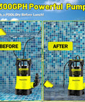 Beast Submersible Water Pump 1HP 5300GPH High Flow Transfer Pump displayed in a pool setting before and after water removal