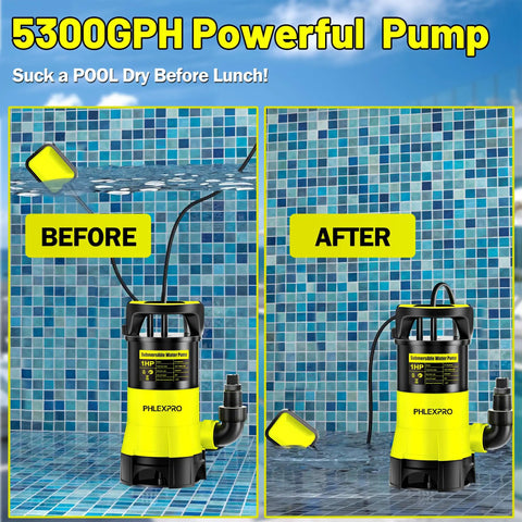 Beast Submersible Water Pump 1HP 5300GPH High Flow Transfer Pump displayed in a pool setting before and after water removal