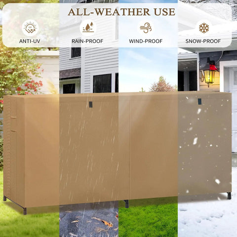 Heavy Duty All Weather 8Ft Firewood Rack Cover Waterproof Outdoor Storage 600D Oxford With PVC PU Coating Universal Fit For Indoors Or Outdoors, showing protection in different weather conditions.
