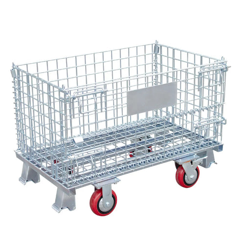 Beefy Heavy-Duty Collapsible Wire Mesh Cart With Casters 32x20x24 Steel Storage Bin 1500 Lb Capacity Stackable Industrial Tote For Warehouse Factory And Workshop, front view