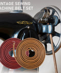 Two Pack Leather Heavy Duty Treadle Sewing Machine Belts 72 Inch 3 Sixteenth Inch Replacement With Hooks For Vintage Singer Jones Sewing Machines Plus 23 Accessories Kit, red and tan