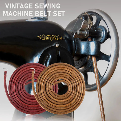 Two Pack Leather Heavy Duty Treadle Sewing Machine Belts 72 Inch 3 Sixteenth Inch Replacement With Hooks For Vintage Singer Jones Sewing Machines Plus 23 Accessories Kit, red and tan