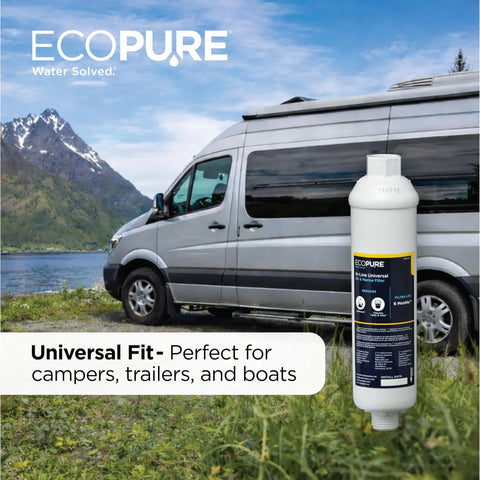 Top Shelf Universal RV And Marine In Line Water Filter next to a camper by a lake, ideal for fresh hydration anywhere.