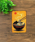 Funny Vintage Metal Sign Featuring Steaming Bowl Of Ramen Illustration Tin Sign Poster For Home Office Garage Room Decor 8x12 Inch Aluminum Wall Art With Easy Mounting And Predrilled Holes Timeless Rustic Charm on wooden background with green plant
