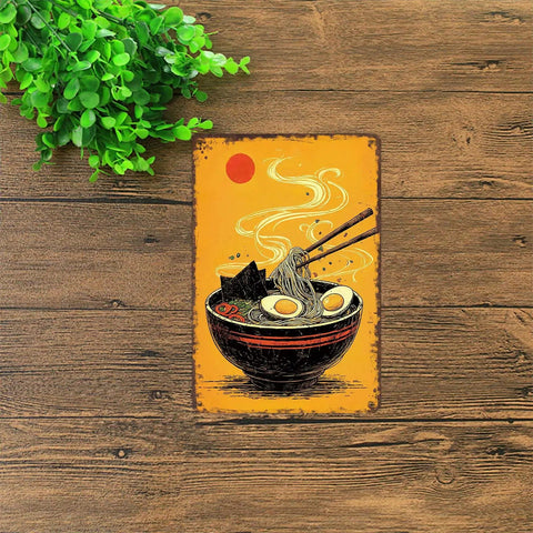 Funny Vintage Metal Sign Featuring Steaming Bowl Of Ramen Illustration Tin Sign Poster For Home Office Garage Room Decor 8x12 Inch Aluminum Wall Art With Easy Mounting And Predrilled Holes Timeless Rustic Charm on wooden background with green plant