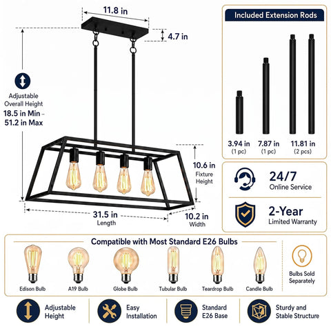 Black Kitchen Island Lighting Fixture, 4-Light Farmhouse Pendant with E26 base, metal frame, linear design, hanging dimensions shown.