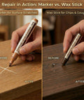Complete 21 Piece Wood Scratch Repair Kit With Ten Color Touch Up Markers And Wax Filler Sticks For A No Sweat Quick Fix On Hardwood Floors Cabinets Desks Or Bedposts Today demonstrating a marker and wax stick for repair.