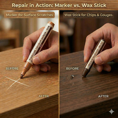 Complete 21 Piece Wood Scratch Repair Kit With Ten Color Touch Up Markers And Wax Filler Sticks For A No Sweat Quick Fix On Hardwood Floors Cabinets Desks Or Bedposts Today demonstrating a marker and wax stick for repair.