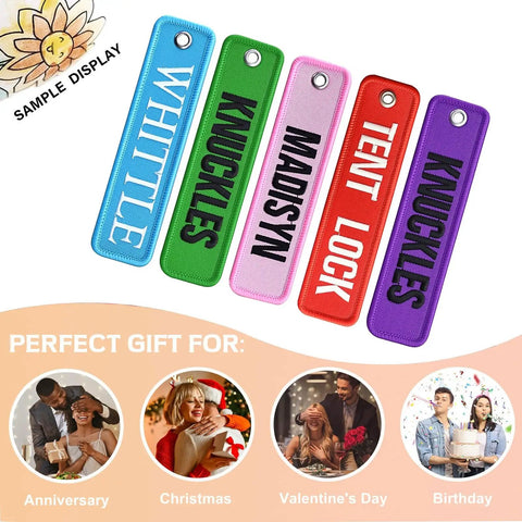 Personalized Embroidered Keychain With Double Sided Name Text Go To Car Key Holder in various colors, displayed in gift setting