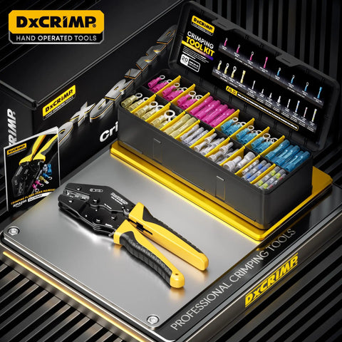 Pro Grade Crimping Tool Kit with heat shrink connectors, solder seal wire connectors, 20 marine grade electrical terminals displayed.