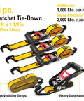 Heavy Duty Ratchet Tie Down Straps 4 Pack 16 Ft By 1.5 Inches With Rubber Soft J Hooks 1000 Pound Load 3000 Pound Break Strength Steady Grip Handle For Truck Hauling And Moving image of four ratchet straps with heavy duty grips and hooks