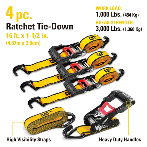 Heavy Duty Ratchet Tie Down Straps 4 Pack 16 Ft By 1.5 Inches With Rubber Soft J Hooks 1000 Pound Load 3000 Pound Break Strength Steady Grip Handle For Truck Hauling And Moving image of four ratchet straps with heavy duty grips and hooks