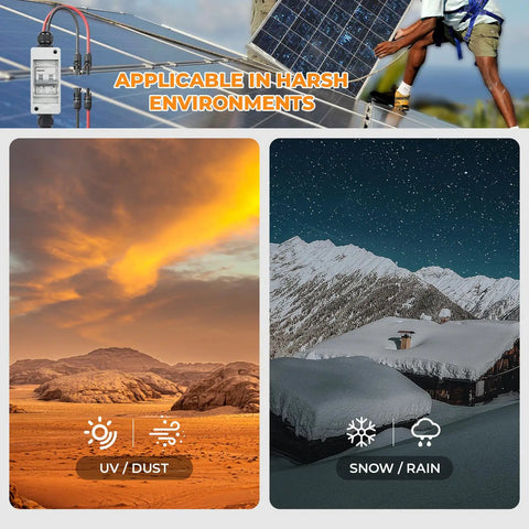 Solar Panel Disconnect Switch 400V DC And AC 20A Mini Breaker in various weather environments, showcasing UV/dust and snow/rain conditions