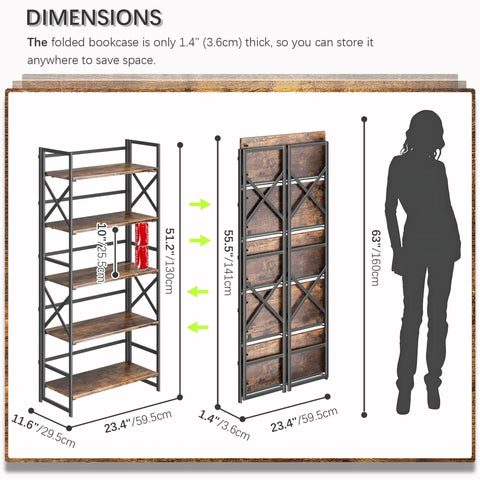 Dimensions of Dope Five Tier Folding Bookshelf, compact design with 1.4 inch thickness, ideal for tight spaces.
