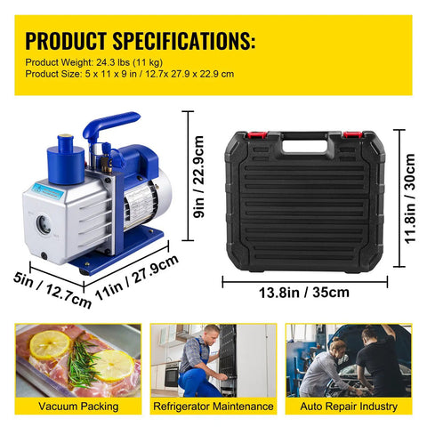 Heavy Duty 4.8 CFM 1/3 HP Auto AC Vacuum Pump With Integrated Manifold And Anti Reflex Oil Solid Die Cast Housing for quick refrigeration tasks.