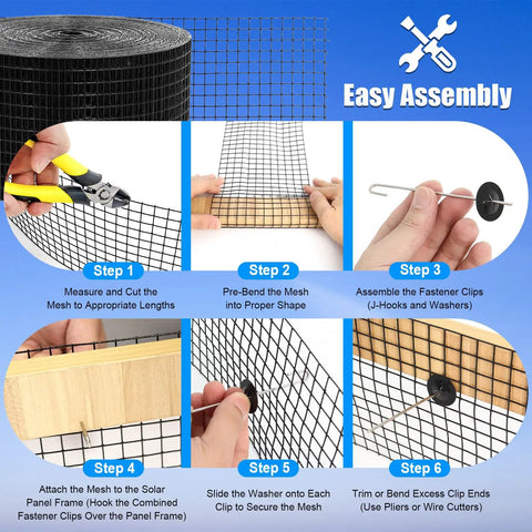 Heavy Duty Solar Panel Bird Guard Mesh Six Inches By 100 Feet showcases installation steps for protective fence assembly.